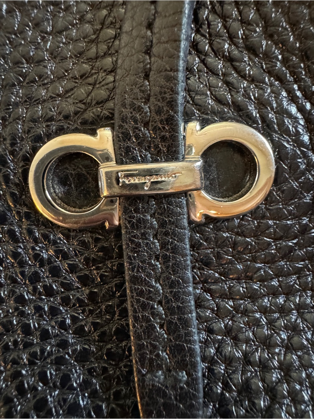 Salvatore Ferragamo black pebbled leather tote bag silver-tone Gancini hardware - Picture 10 of 11